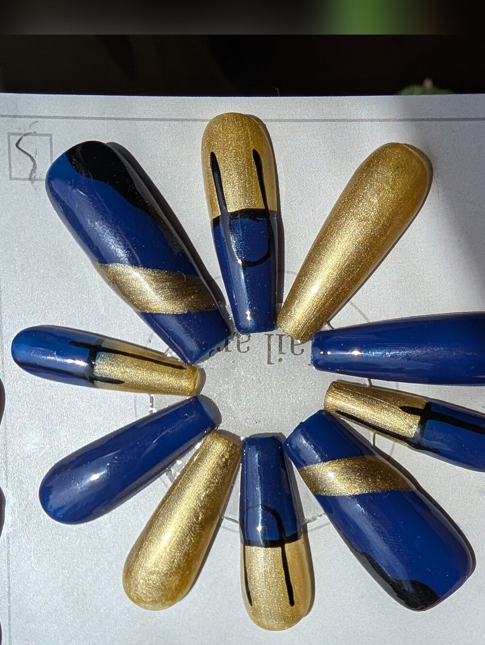 Coffin Press-On Nails Navy Blue Metallic Gold
